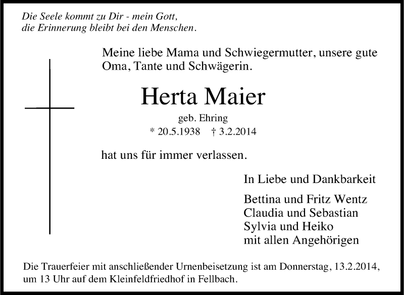 Traueranzeige für Herta Maier vom 08.02.2014 aus Stuttgarter Zeitung / Stuttgarter Nachrichten