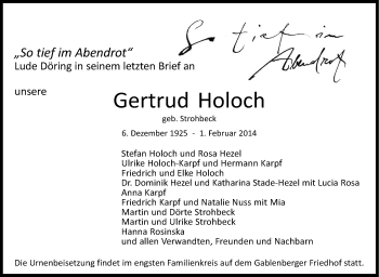 Traueranzeige von Gertrud Holoch von Stuttgarter Zeitung / Stuttgarter Nachrichten