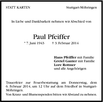 Traueranzeige von Paul Pfeiffer von Stuttgarter Zeitung / Stuttgarter Nachrichten
