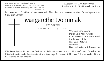 Traueranzeige von Margarethe Dominiak von Stuttgarter Zeitung / Stuttgarter Nachrichten