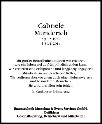 Traueranzeige von Gabriele Munderich von Stuttgarter Zeitung / Stuttgarter Nachrichten