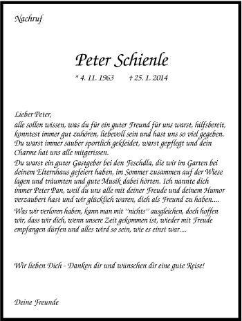 Traueranzeige von Peter Hugo Schienle von Stuttgarter Zeitung / Stuttgarter Nachrichten