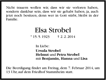 Traueranzeige von Elsa Strobel von Stuttgarter Zeitung / Stuttgarter Nachrichten