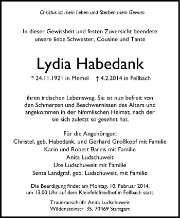 Traueranzeige von Lydia Habedank von Stuttgarter Zeitung / Stuttgarter Nachrichten