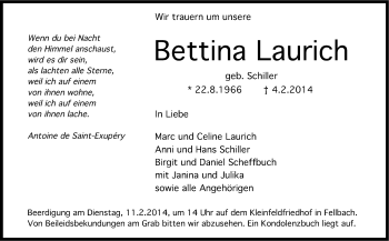 Traueranzeige von Bettina Laurich von Stuttgarter Zeitung / Stuttgarter Nachrichten