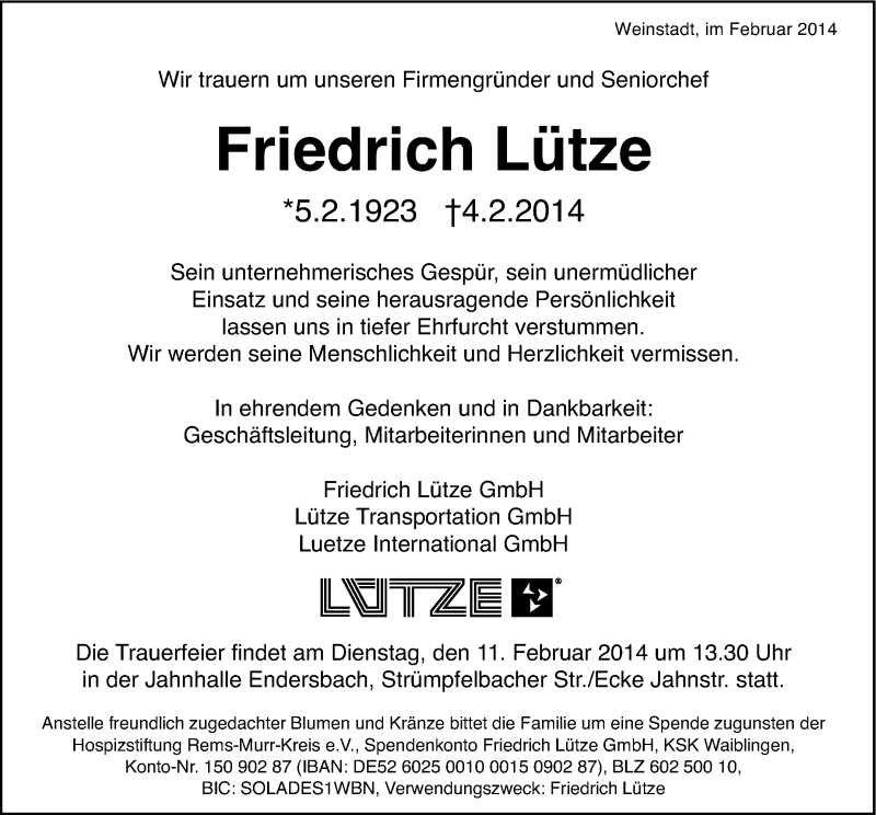 Traueranzeige für Friedrich Lütze vom 07.02.2014 aus Stuttgarter Zeitung / Stuttgarter Nachrichten