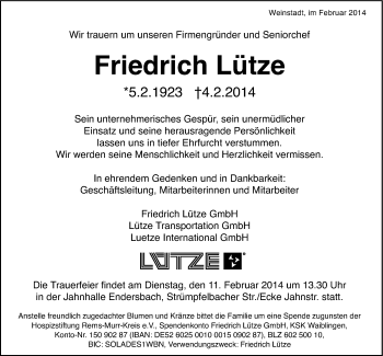 Traueranzeige von Friedrich Lütze von Stuttgarter Zeitung / Stuttgarter Nachrichten