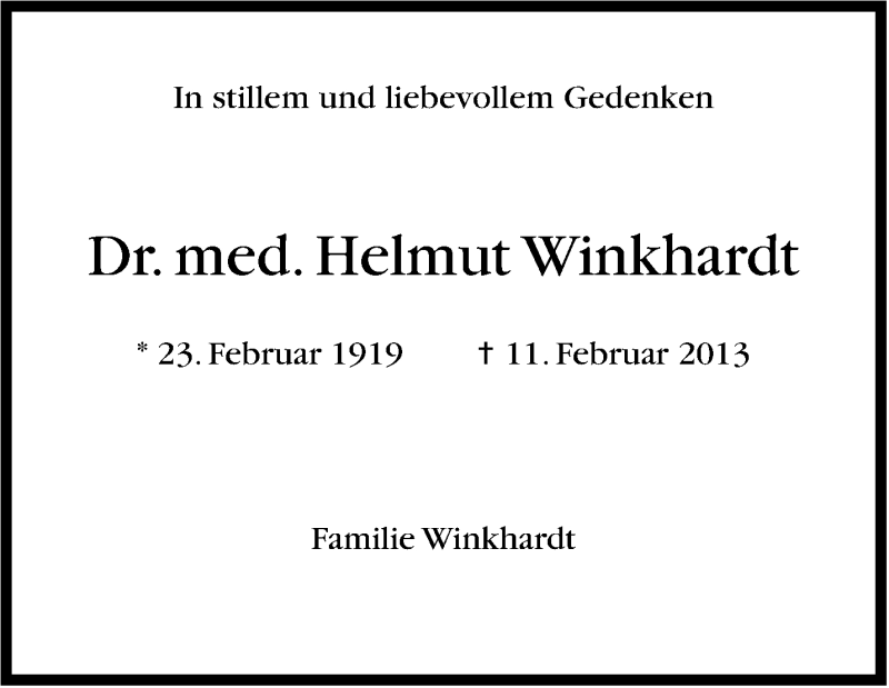  Traueranzeige für med. Helmut Winkhardt vom 11.02.2014 aus Stuttgarter Zeitung / Stuttgarter Nachrichten