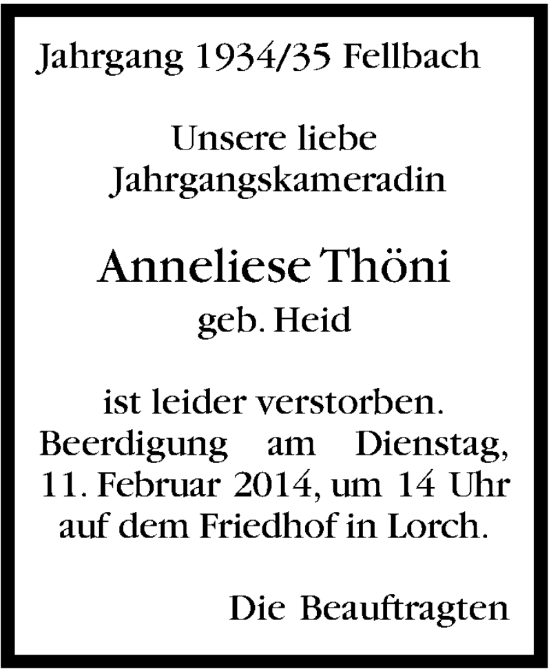  Traueranzeige für Anneliese Thöni vom 10.02.2014 aus Stuttgarter Zeitung / Stuttgarter Nachrichten