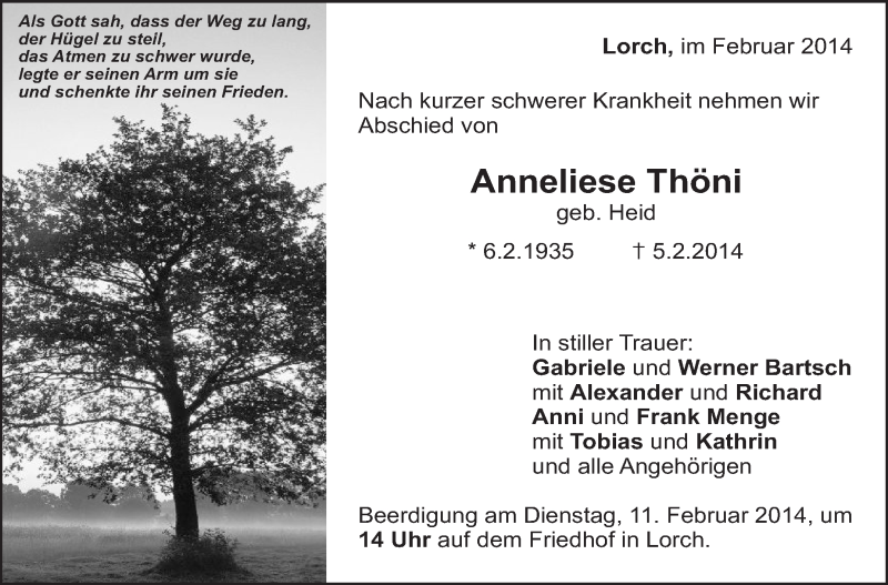  Traueranzeige für Anneliese Thöni vom 07.02.2014 aus Stuttgarter Zeitung / Stuttgarter Nachrichten