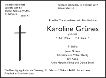 Traueranzeige von Karoline Grünes von Stuttgarter Zeitung / Stuttgarter Nachrichten