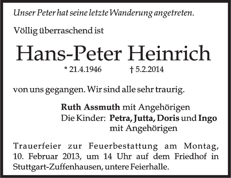  Traueranzeige für Hans-Peter Heinrich vom 07.02.2014 aus Stuttgarter Zeitung / Stuttgarter Nachrichten