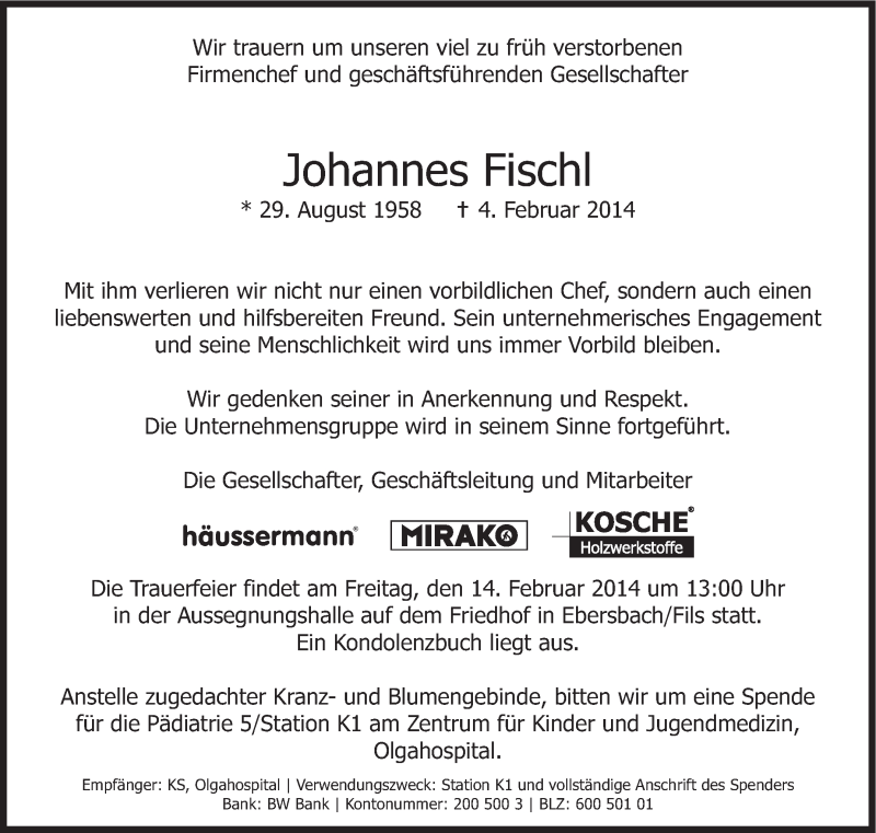  Traueranzeige für Johannes Fischl vom 08.02.2014 aus Stuttgarter Zeitung / Stuttgarter Nachrichten