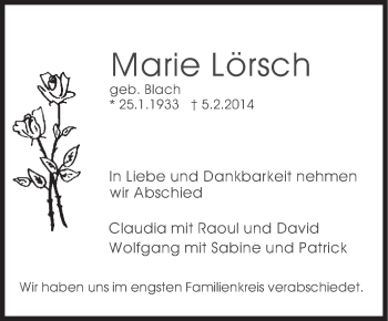 Traueranzeige von Marie Lörsch von Stuttgarter Zeitung / Stuttgarter Nachrichten