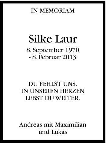Traueranzeige von Silke Laur von Stuttgarter Zeitung / Stuttgarter Nachrichten