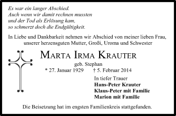 Traueranzeige von Marta Irma Krauter von Stuttgarter Zeitung / Stuttgarter Nachrichten
