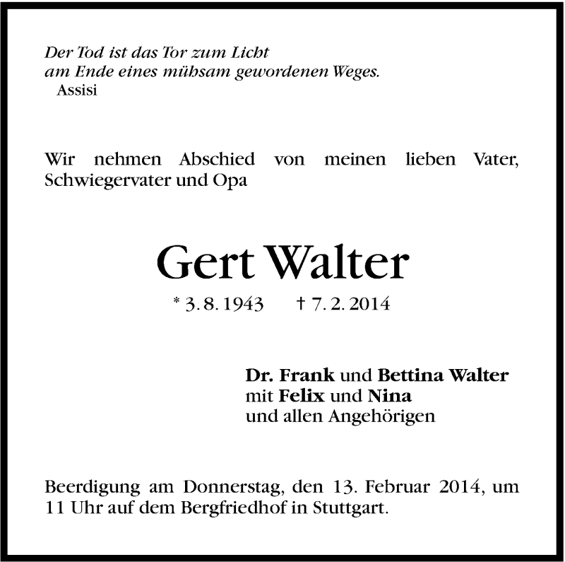  Traueranzeige für Gert Walter vom 08.02.2014 aus Stuttgarter Zeitung / Stuttgarter Nachrichten