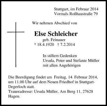 Traueranzeige von Else  Schleicher von Stuttgarter Zeitung / Stuttgarter Nachrichten
