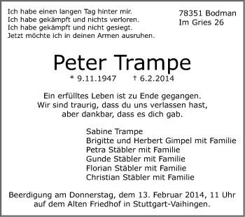 Traueranzeige von Peter Trampe von Stuttgarter Zeitung / Stuttgarter Nachrichten