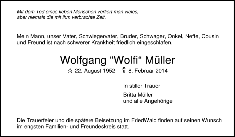  Traueranzeige für Wolfgang  Müller vom 11.02.2014 aus Stuttgarter Zeitung / Stuttgarter Nachrichten
