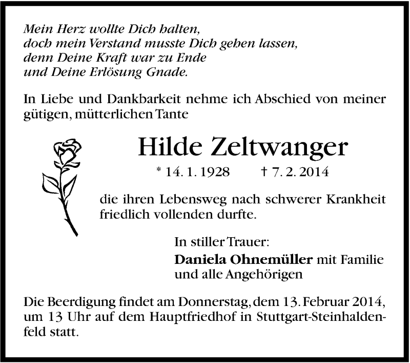 Traueranzeige für Hilde  Zeltwanger vom 11.02.2014 aus Stuttgarter Zeitung / Stuttgarter Nachrichten