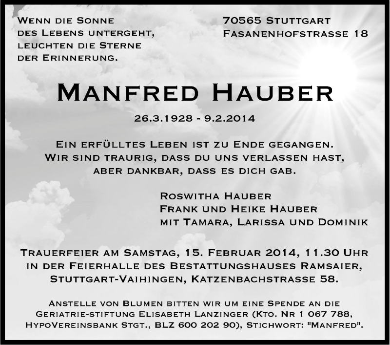  Traueranzeige für Manfred Hauber vom 11.02.2014 aus Stuttgarter Zeitung / Stuttgarter Nachrichten