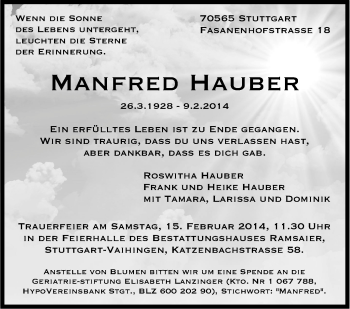 Traueranzeige von Manfred Hauber von Stuttgarter Zeitung / Stuttgarter Nachrichten