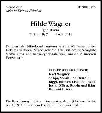 Traueranzeige von Hilde Wagner von Stuttgarter Zeitung / Stuttgarter Nachrichten