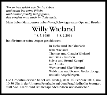 Traueranzeige von Willy Wieland von Stuttgarter Zeitung / Stuttgarter Nachrichten