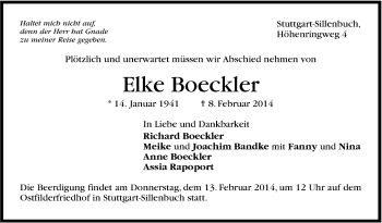 Traueranzeige von Elke Boeckler von Stuttgarter Zeitung / Stuttgarter Nachrichten