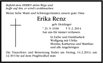 Traueranzeige von Erika Renz von Stuttgarter Zeitung / Stuttgarter Nachrichten