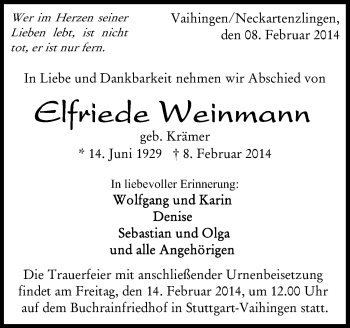 Traueranzeige von Elfriede Weinmann von Stuttgarter Zeitung / Stuttgarter Nachrichten
