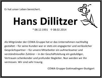 Traueranzeige von Hans Dillitzer von Stuttgarter Zeitung / Stuttgarter Nachrichten