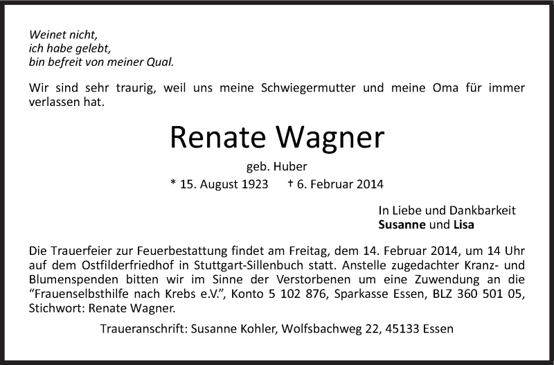  Traueranzeige für Renate Wagner vom 12.02.2014 aus Stuttgarter Zeitung / Stuttgarter Nachrichten