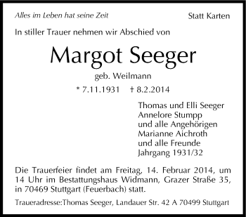 Traueranzeige von Margot Seeger von Stuttgarter Zeitung / Stuttgarter Nachrichten