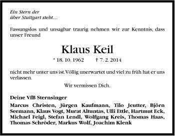 Traueranzeige von Klaus Keil von Stuttgarter Zeitung / Stuttgarter Nachrichten