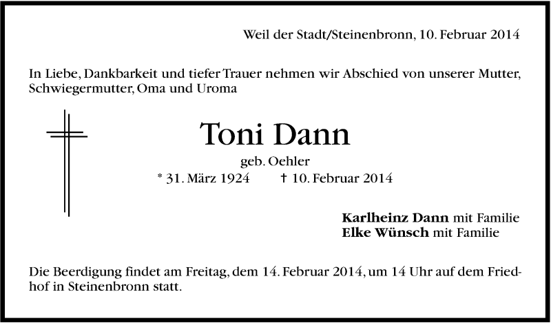  Traueranzeige für Toni  Dann vom 12.02.2014 aus Stuttgarter Zeitung / Stuttgarter Nachrichten