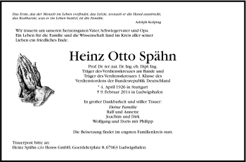 Traueranzeige von Heinz Otto Spähn von Stuttgarter Zeitung / Stuttgarter Nachrichten