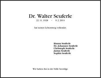 Traueranzeige von Walter Seuferle von Stuttgarter Zeitung / Stuttgarter Nachrichten