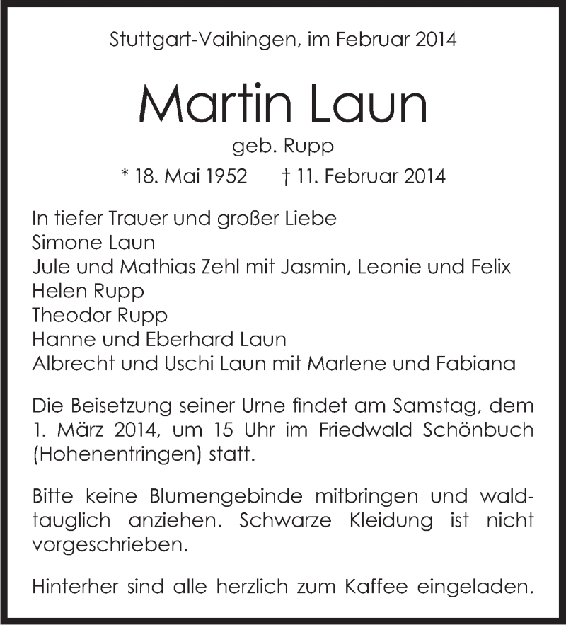  Traueranzeige für Martin Luan vom 15.02.2014 aus Stuttgarter Zeitung / Stuttgarter Nachrichten
