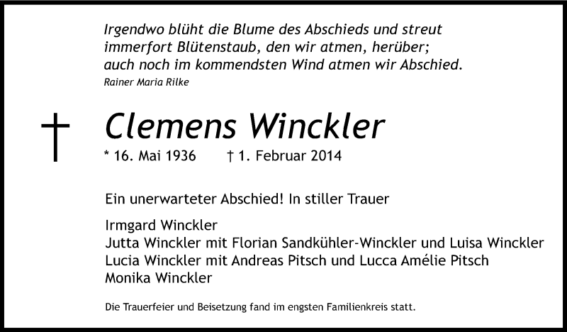 Traueranzeige für Clemens Winckler vom 15.02.2014 aus Stuttgarter Zeitung / Stuttgarter Nachrichten
