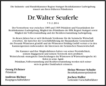 Traueranzeige von Walter Seuferle von Stuttgarter Zeitung / Stuttgarter Nachrichten