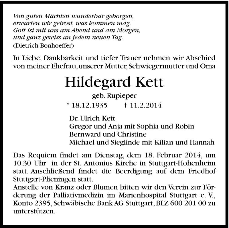  Traueranzeige für Hildegard Kett vom 15.02.2014 aus Stuttgarter Zeitung / Stuttgarter Nachrichten