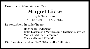 Traueranzeige von Margret Lücke von Stuttgarter Zeitung / Stuttgarter Nachrichten