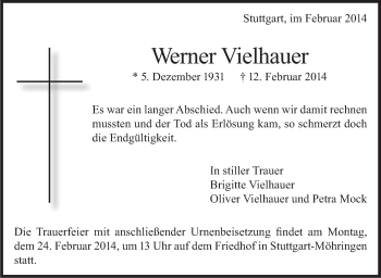 Traueranzeige von Werner Vielhauer von Stuttgarter Zeitung / Stuttgarter Nachrichten
