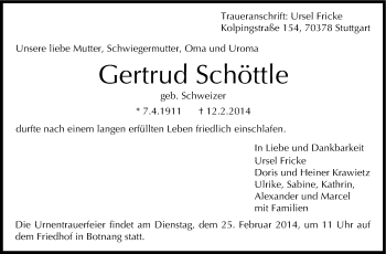Traueranzeige von Gertrud Schöttle von Stuttgarter Zeitung / Stuttgarter Nachrichten