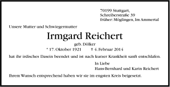 Traueranzeige von Irmgard Reichert von Stuttgarter Zeitung / Stuttgarter Nachrichten