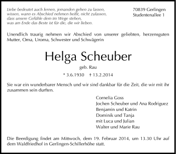 Traueranzeige von  Helga Scheuber von Stuttgarter Zeitung / Stuttgarter Nachrichten