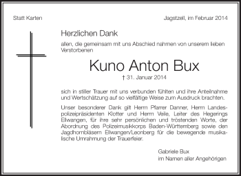 Traueranzeige von Kuno Anton Bux von Stuttgarter Zeitung / Stuttgarter Nachrichten