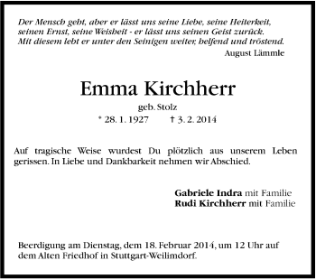 Traueranzeige von Emma Kirchherr von Stuttgarter Zeitung / Stuttgarter Nachrichten
